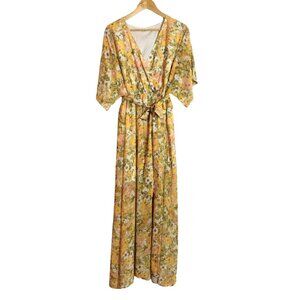 Yellow Floral V-neck Boho Maxi Dress Women's XL